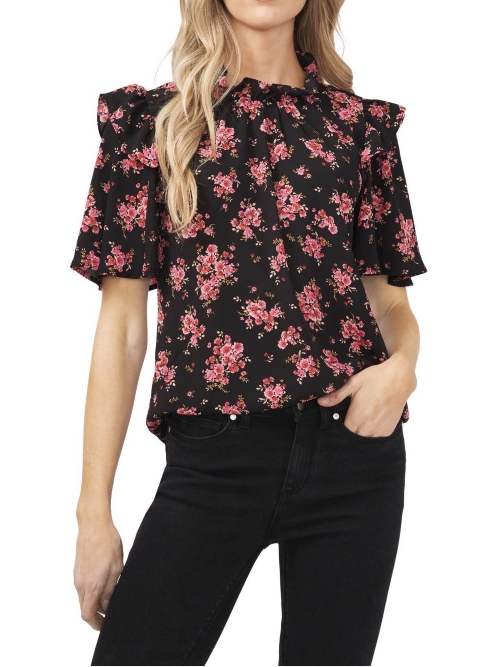 CeCe Floral Ruffle Sleeve Blouse NWT Size Small Black Pink Mock Neck Top